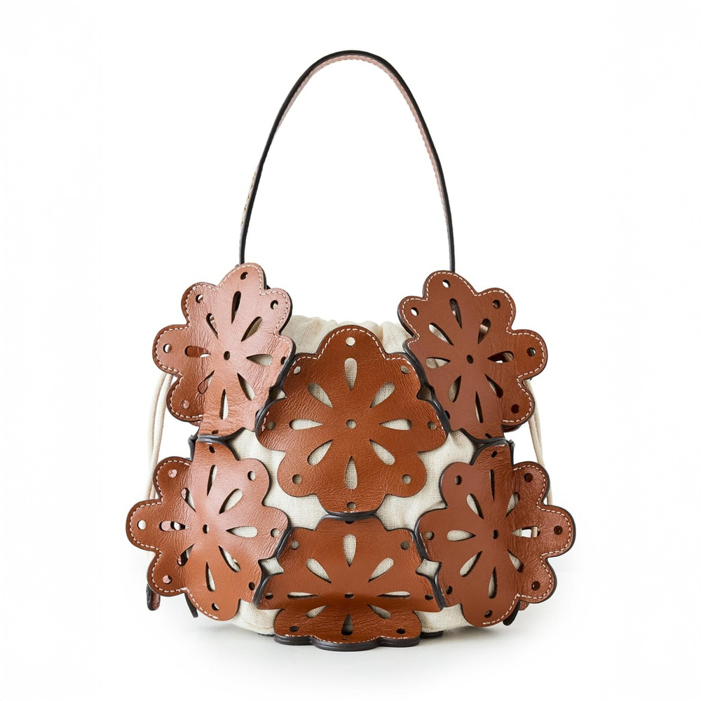NWT STAUD Beige & Tan Flora Basket Leather Top-handle Small Bucket Bag